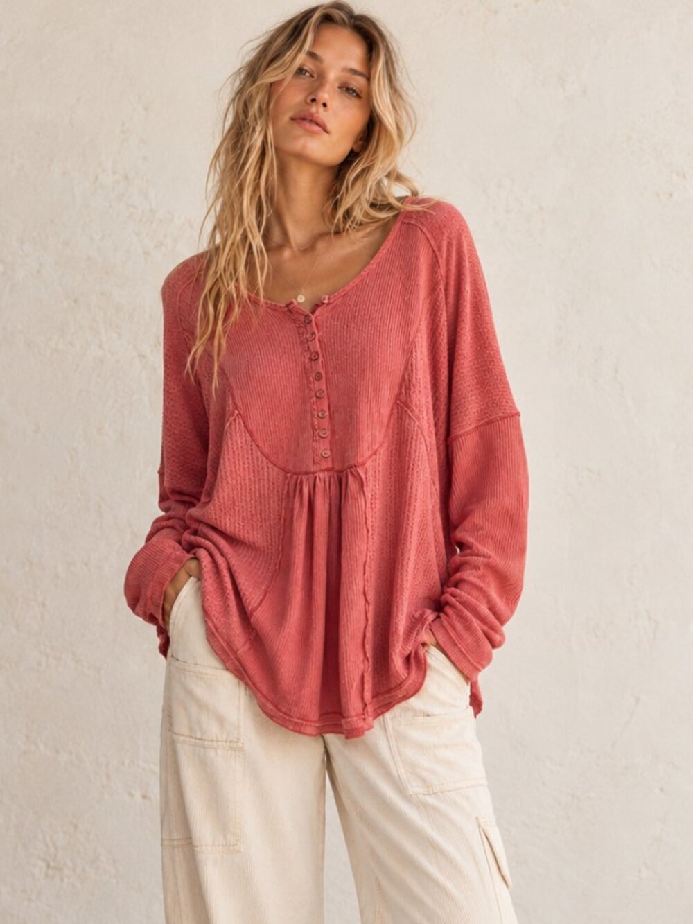 Free People Leo Slouchy Henley Waffle Knit Top